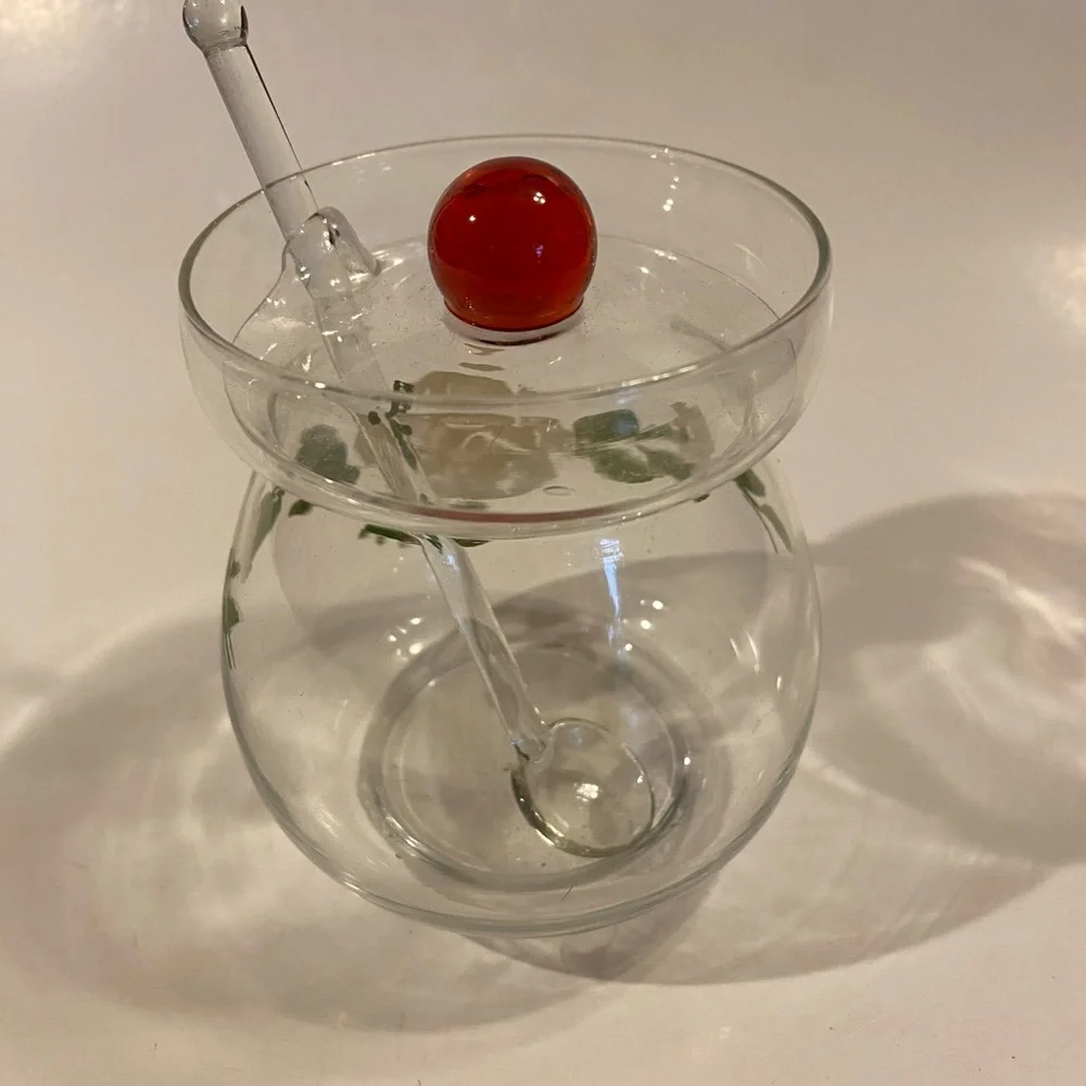 Vintage Hand-Painted Glass Honey Jar with Glass Dipper & Red Ball Finial Lid